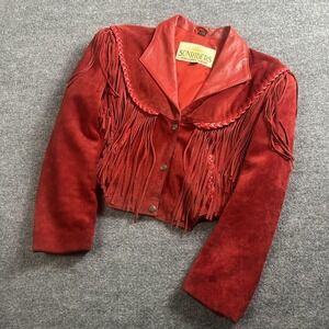 Vintage Sunriders Jacket Womens Large Red Suede Fringe Western Cropped 80s